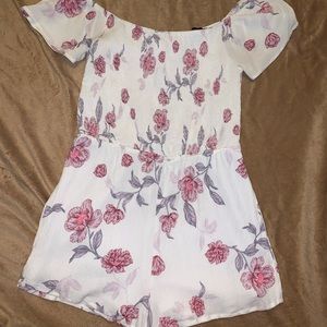 White Floral Rouched Bodice Lace Up Off the Shoulder Romper